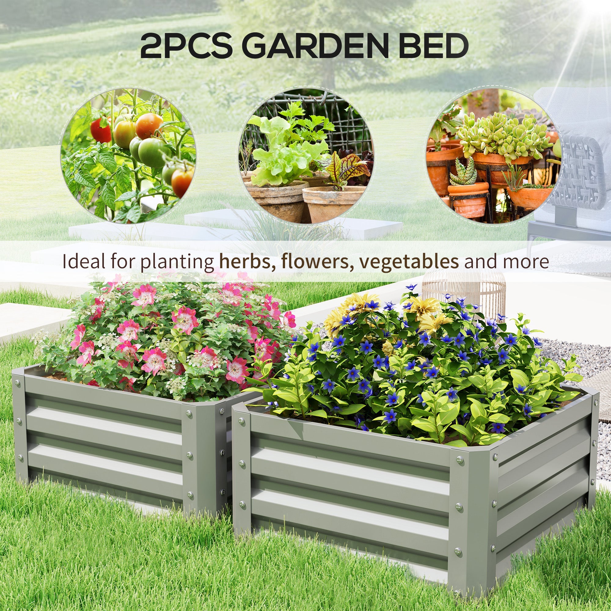 Outsunny 2' x 2' x 1' 2-Pieces Raised Garden Bed with Galvanised Steel Frame for Vegetables, Flowers, Herbs, Light Grey 