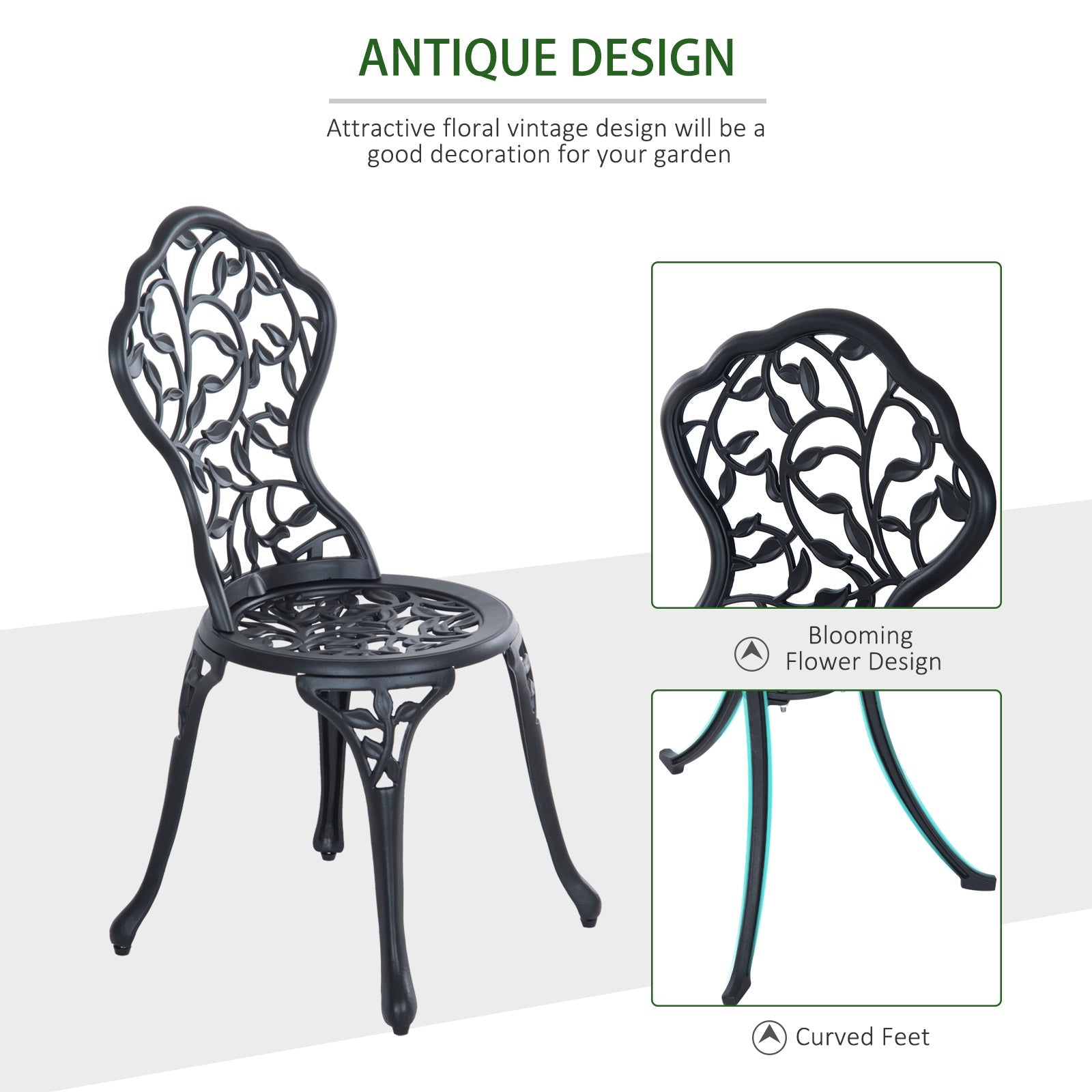 Outsunny 3pcs Patio Bistro Set with Umbrella Hole, Antique Style Garden Coffee Set, Outdoor Bistro Dining Set - Black 
