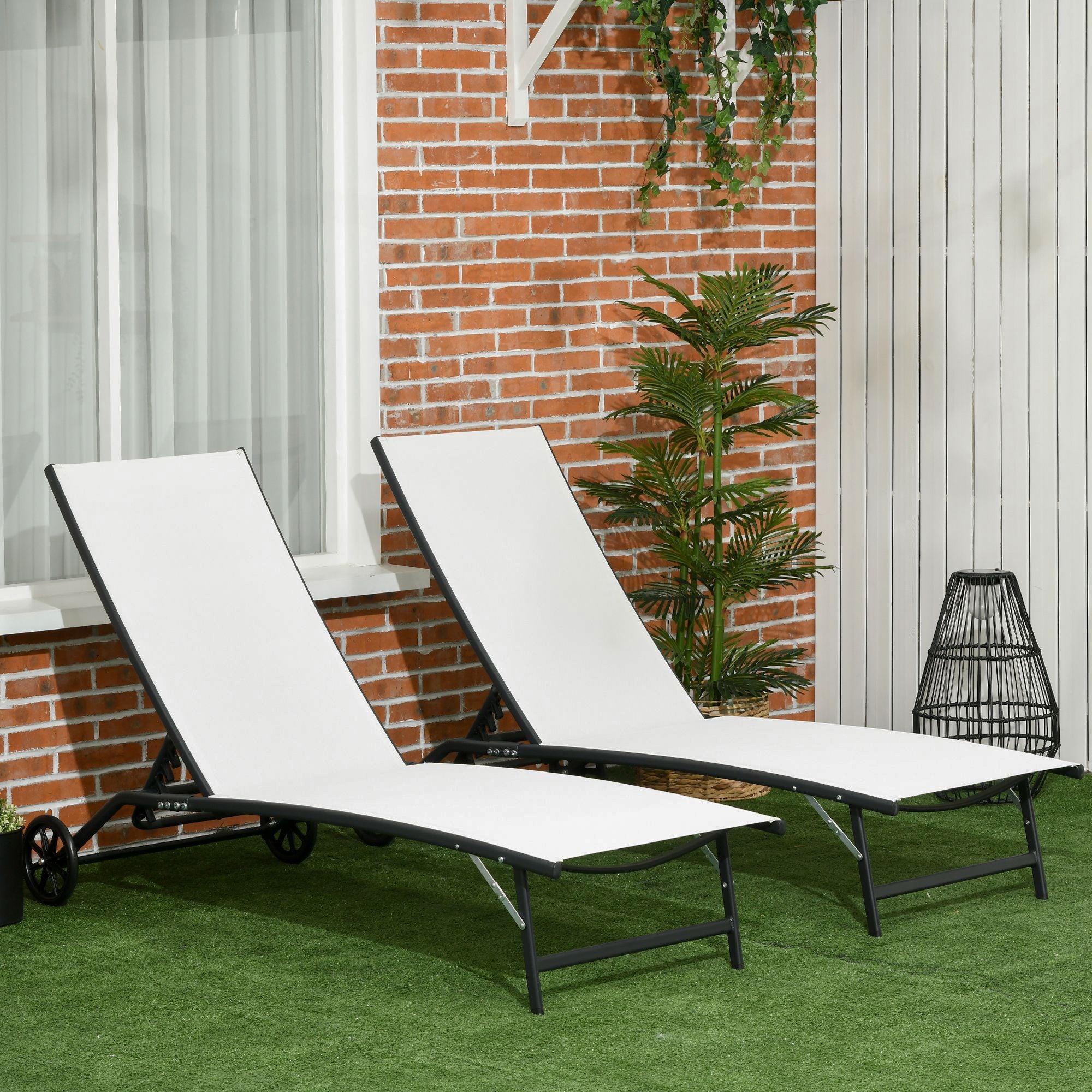 Outsunny Adjustable Lounge Chairs 2PCs Set with Wheels 5-Level Backrest for Garden Patio Poolside Deck White 