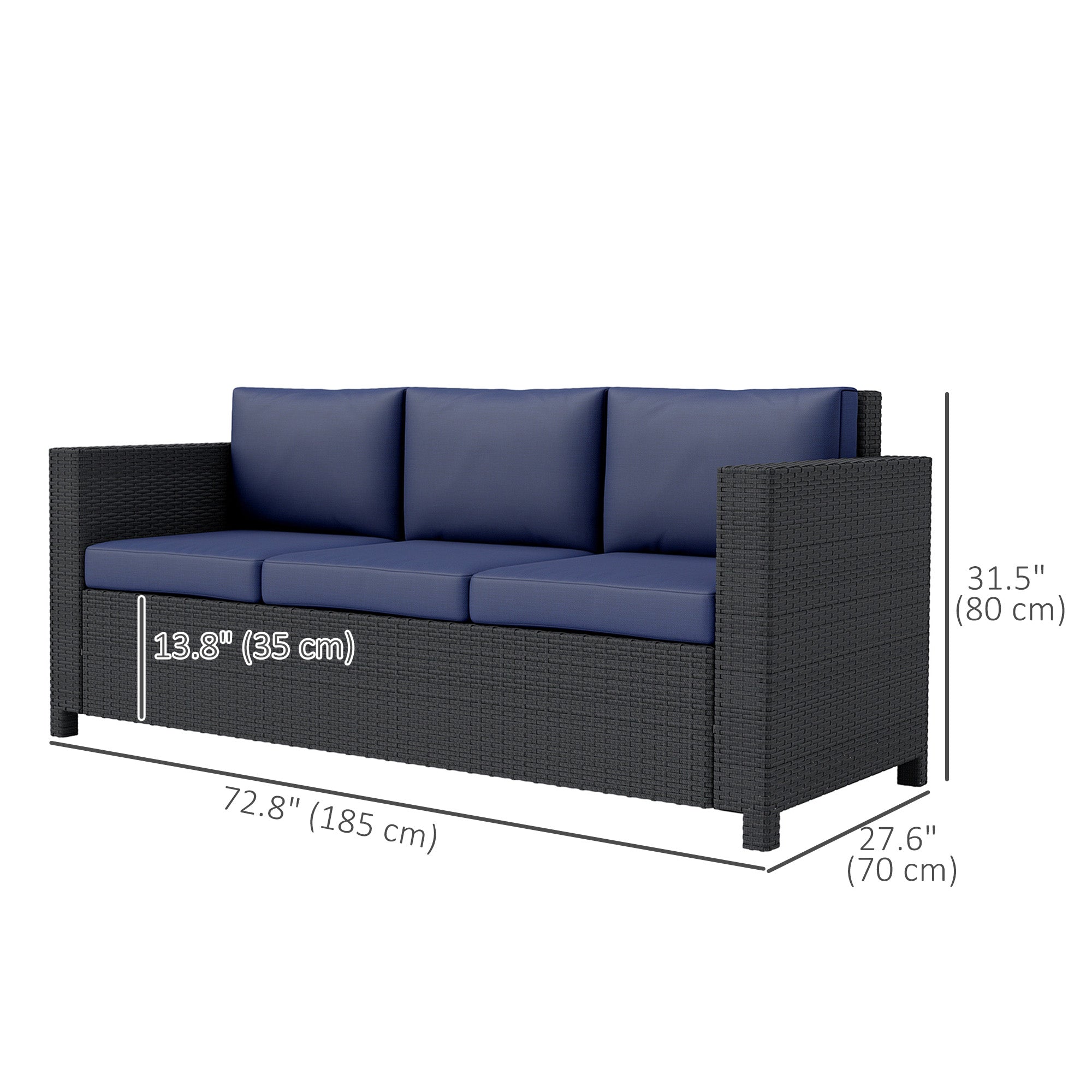 Outsunny Deluxe 3 Seat Rattan Wicker Sofa Garden Outdoor Patio Furniture with Cushion, Navy Blue 