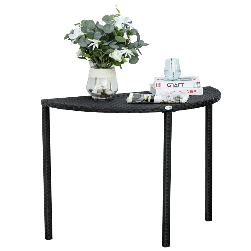 Half Round Side Table, PE Rattan Coffee Table with Metal Frame for Patio, Garden, Balcony, Black