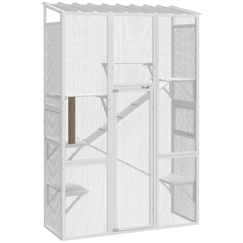Wooden Catio Outdoor Cat Enclosure with 6 Jumping Platforms, Scratching Post, 2 Ramps, Waterproof Roof, White