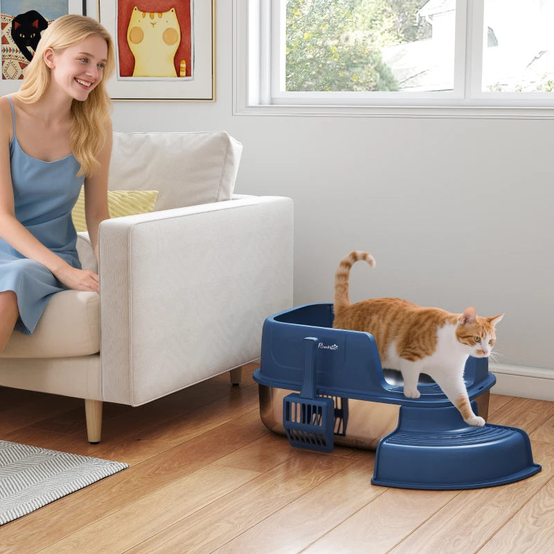 Stainless Steel Cat Litter Box, Cat Litter Box with High Side and Scoop, Anti-Leakage, Easy to Clean, Navy Blue