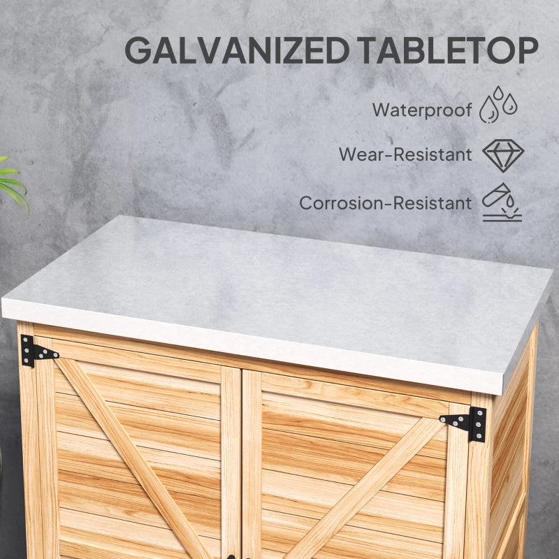 Garden Storage Cabinet, Outdoor Potting Bench Table with Metal Tabletop, Shelf and Double Doors, Natural