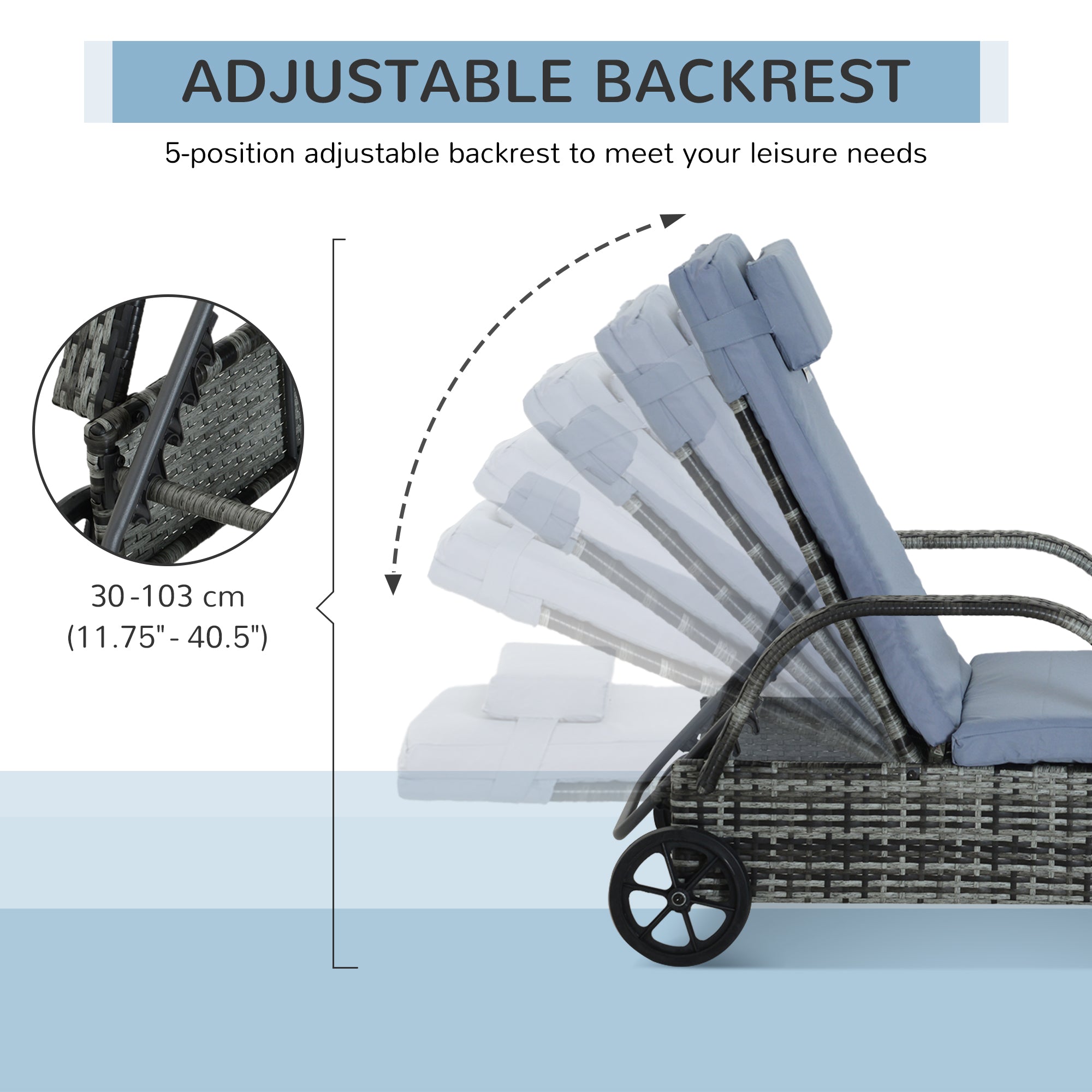 Outsunny Outdoor Rattan Wicker Chaise Lounge Chair Height Adjustable Backrest Grey 