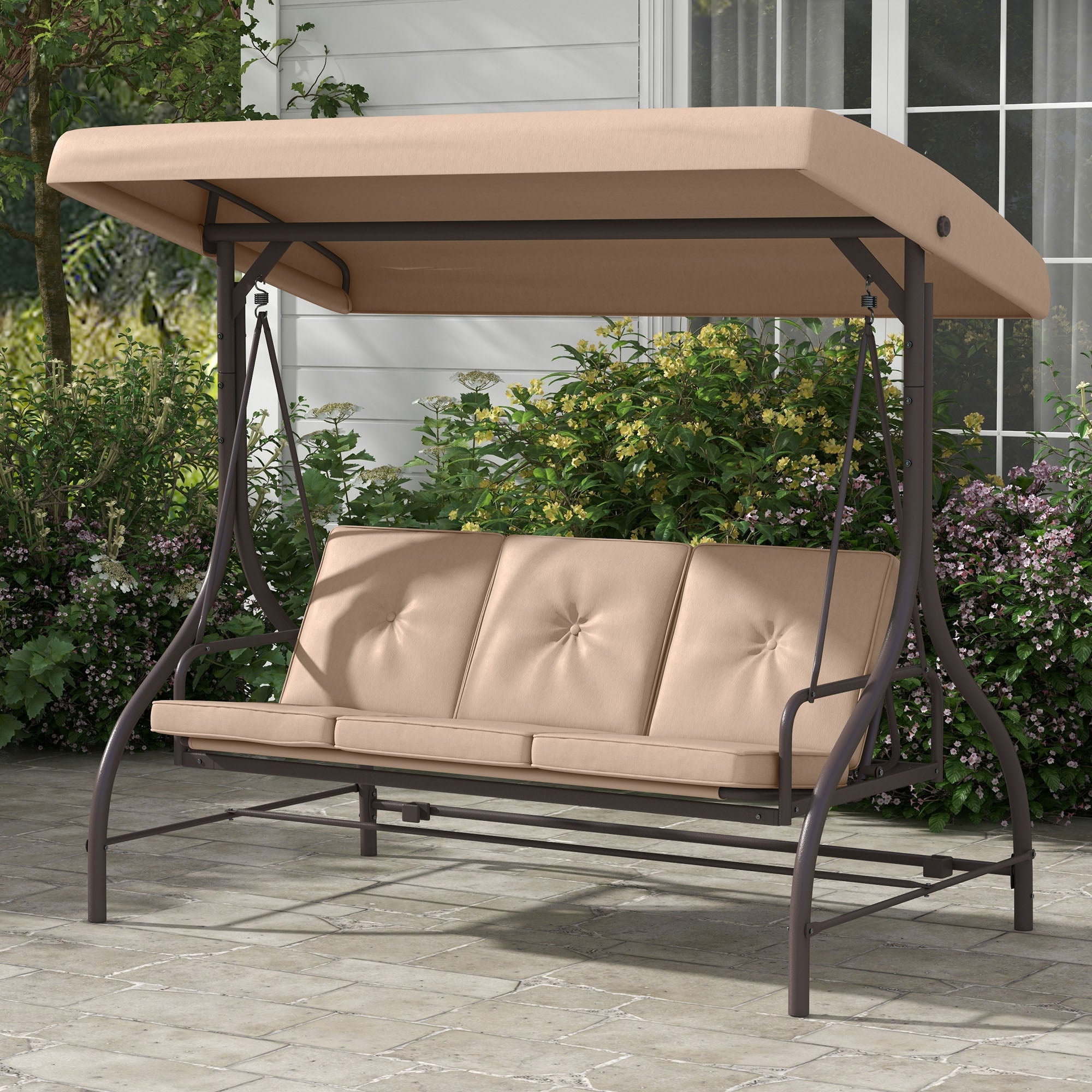 Outsunny Convertible Patio Swing Bed with Canopy and Cushions, 3 Seater Porch Swing for Outdoor, Backyard, Garden, Khaki 
