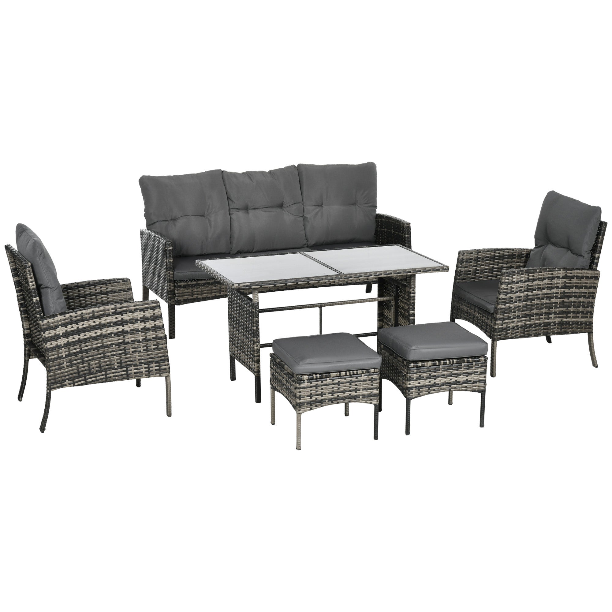 Outsunny 6PC Outdoor Patio Furniture Set Chairs Ottomans Sofa Glass Table Cushions Rattan Conversation Set 