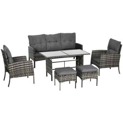 Outsunny 6PC Outdoor Patio Furniture Set Chairs Ottomans Sofa Glass Table Cushions Rattan Conversation Set 