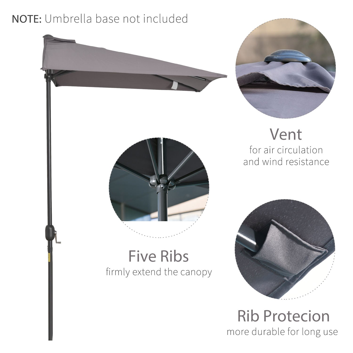 Outsunny Half Round Umbrella 8ft Balcony Parasol for Patio Garden Outdoor Window Sun Shade Grey 