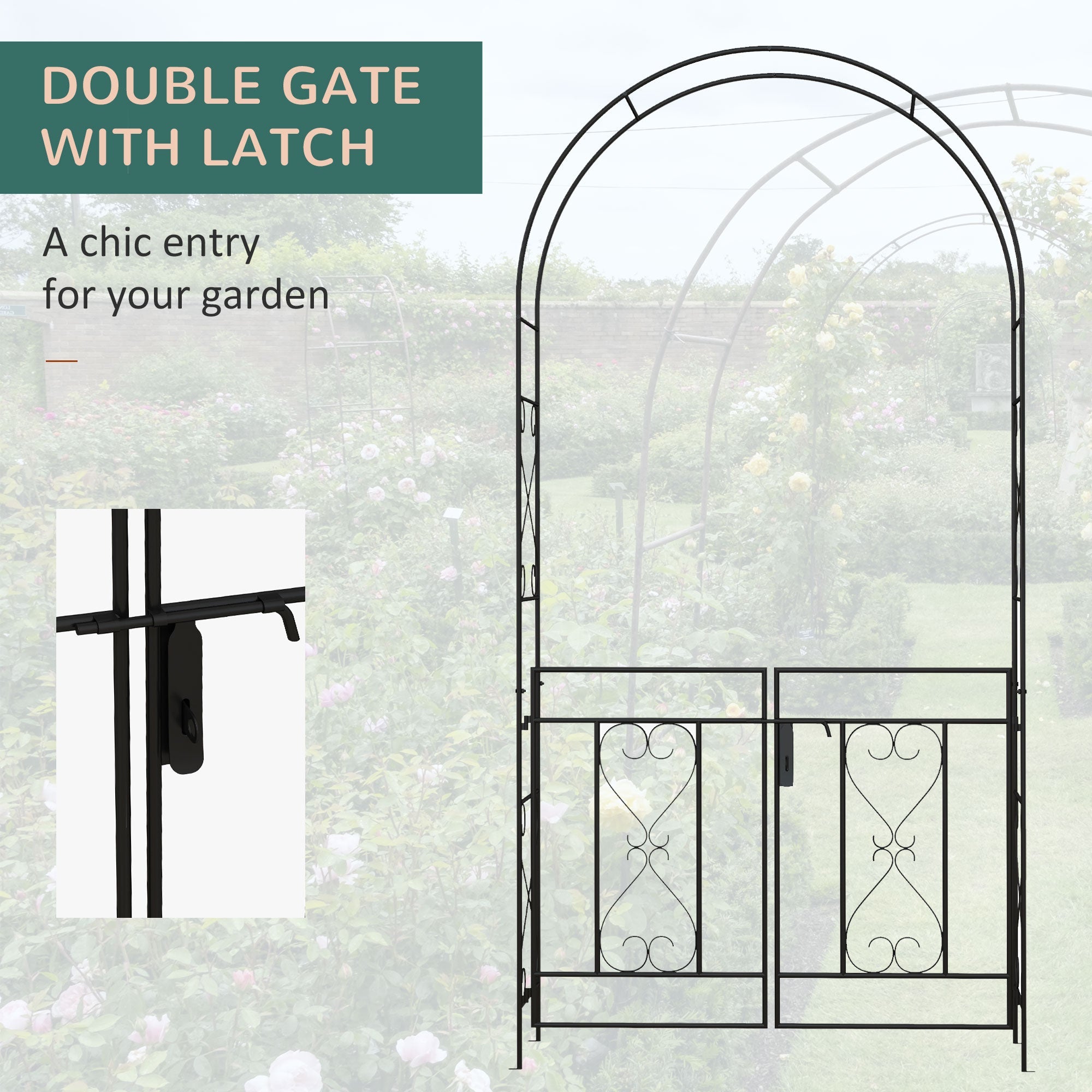 Outsunny 7.6FT Metal Garden Arch with Gate, Garden Arbor Trellis for Climbing Plants, Roses, Vines, Wedding Arch, Black 