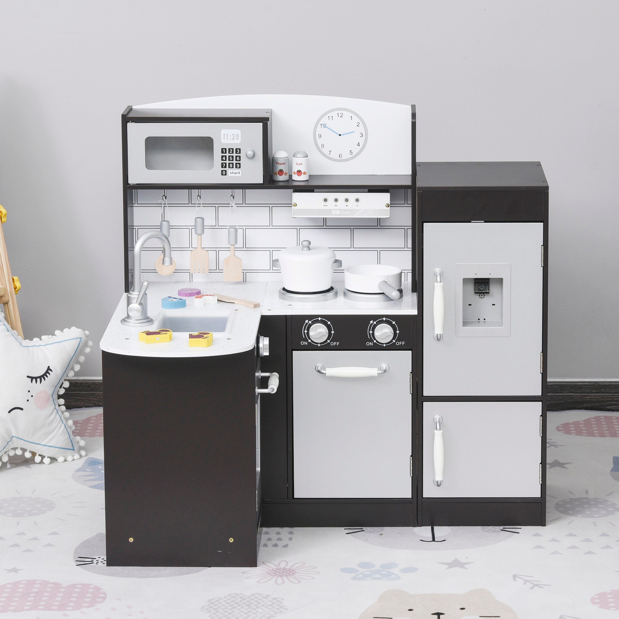 Qaba Play Kitchen Set for Kids - Black Cooking Toy with Drinking Fountain, Microwave, Fridge & Accessories 