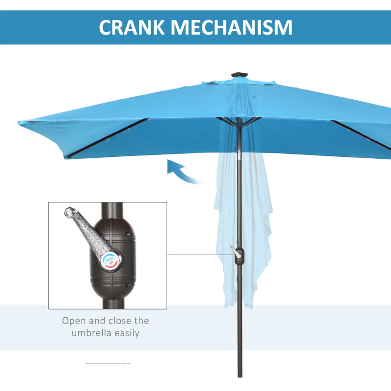6.5x10ft Patio Umbrella Rectangle Solar Powered Tilt Aluminum Outdoor Market Parasol with LEDs Crank (Turquoise)