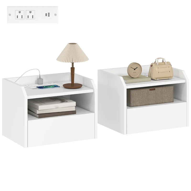 Wall Mounted Bedside Table, Set of 2 Floating Nightstand with Charging Station, Drawer and Open Shelf for Bedroom, White
