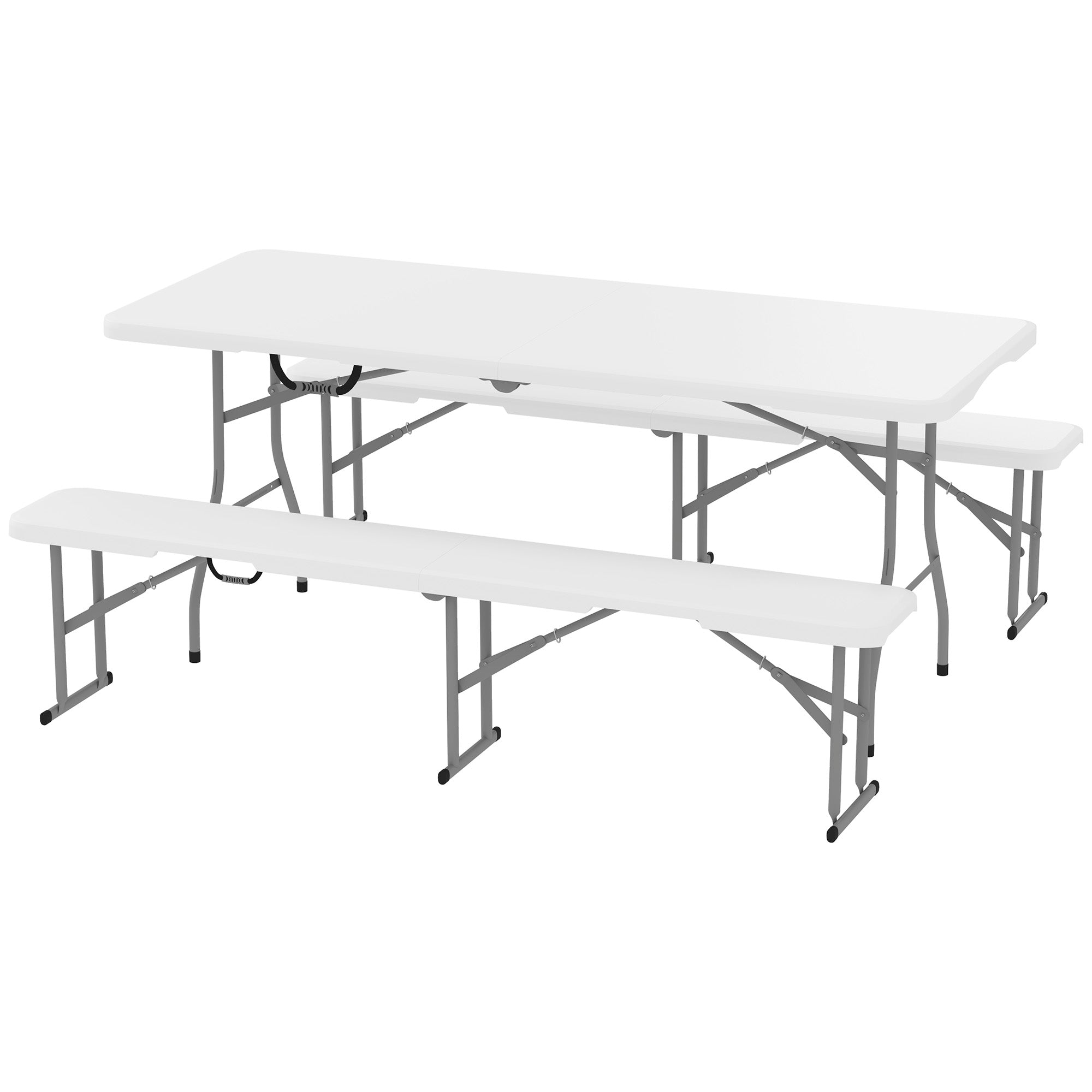 Outsunny 6FT 3-Piece Portable Outdoor Camping Table Bench Set with Carrying Handles, Folding Picnic Table with 2 Benches, White 