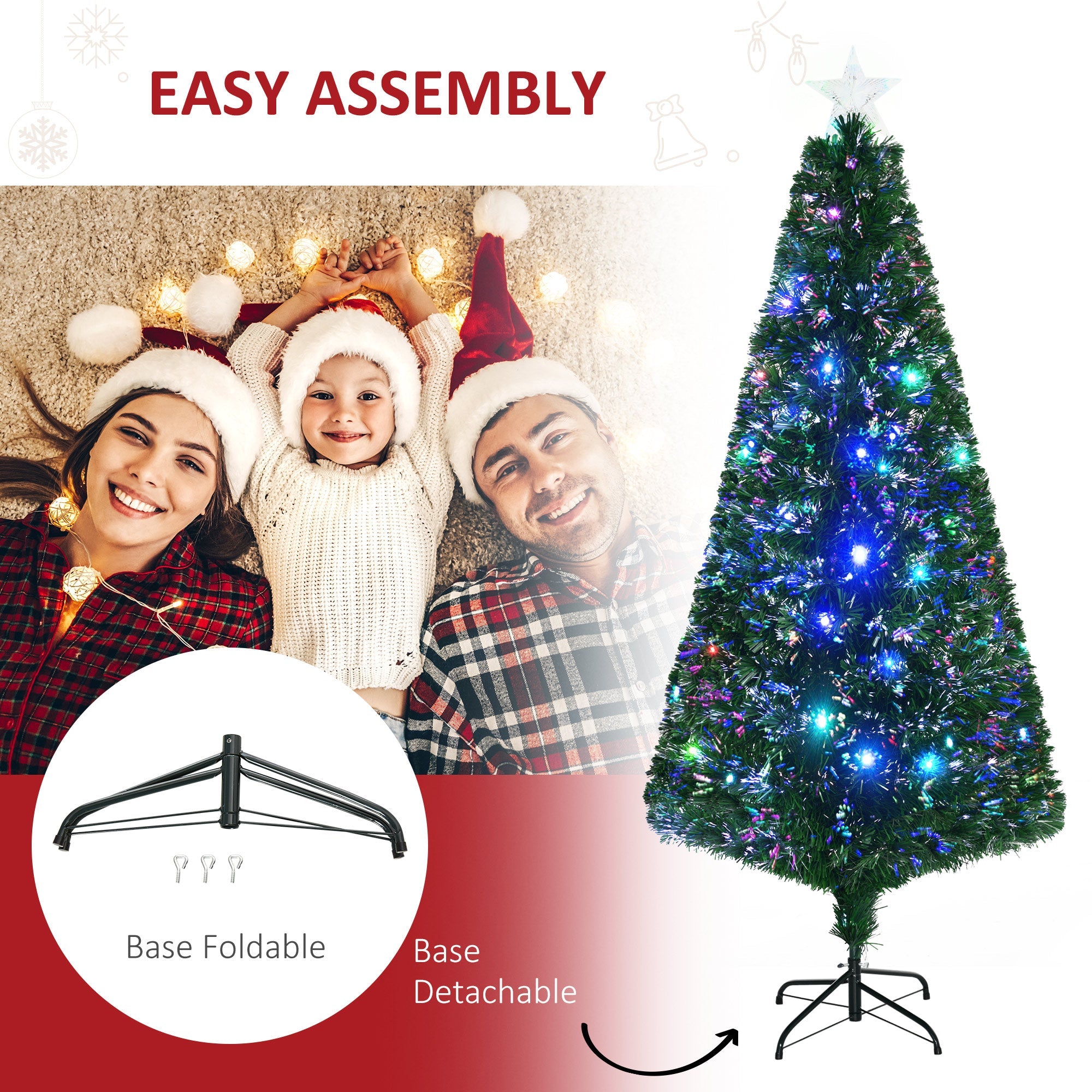 HOMCOM 6FT Prelit Artificial Christmas Tree,  Fiber Optic Tree Xmas Decoration with Multi-colored Light, 230 Tips 