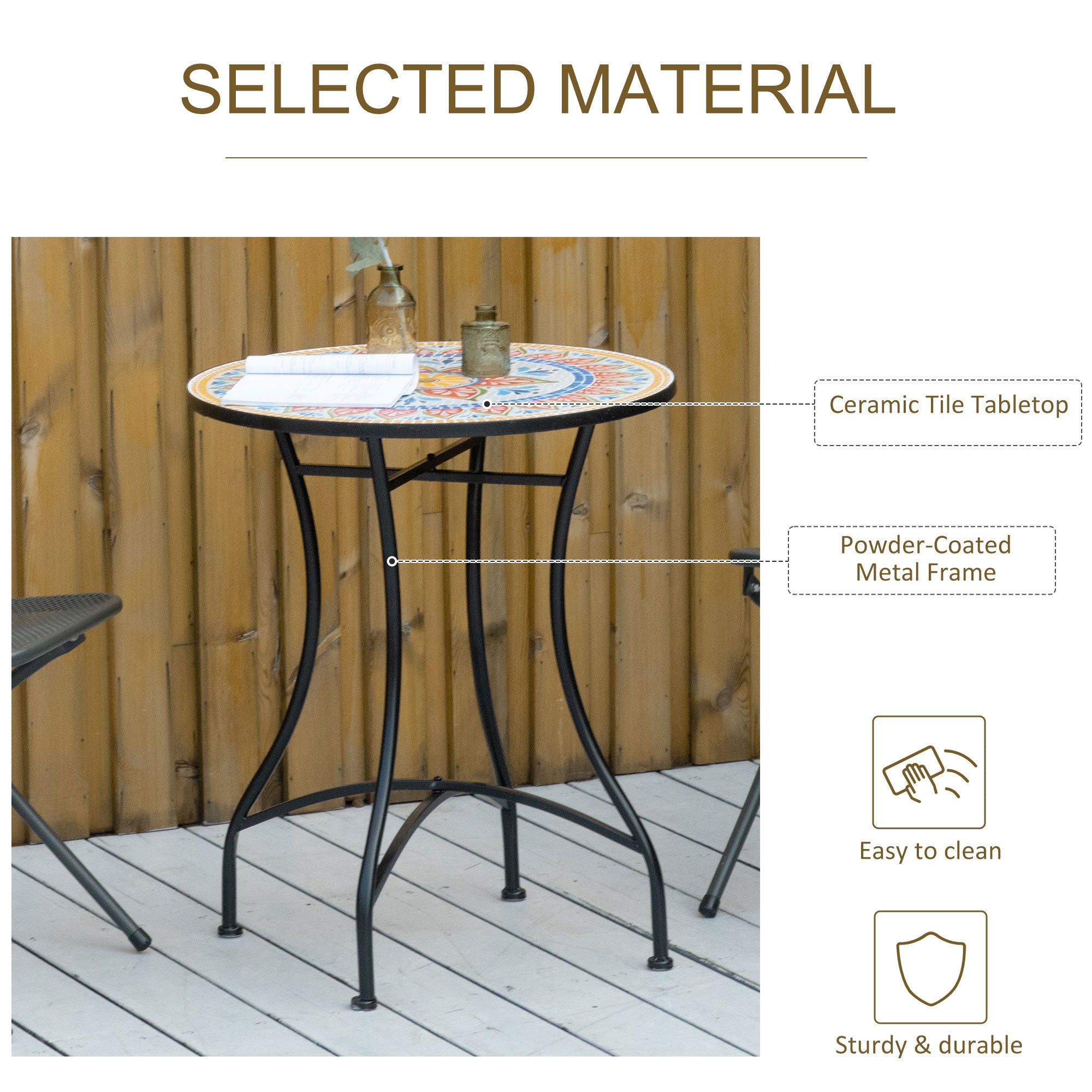 Outsunny Mosaic Patio Table, Round Coffee Table with Metal Frame, Garden Furniture for Outdoor, Poolside, Red 