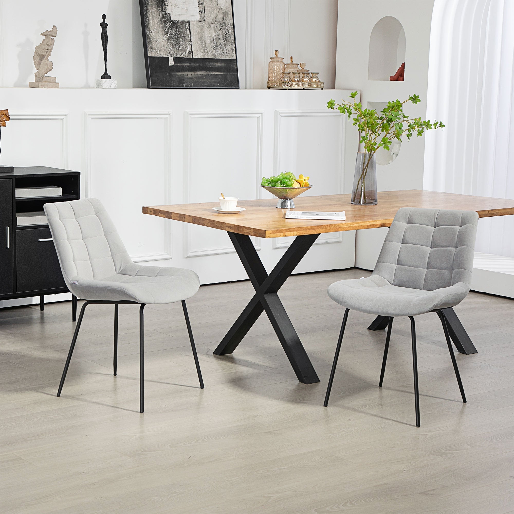 HOMCOM 2 Pieces Dining Chairs, Set of 2 Upholstered Kitchen Chairs with Padded Seat and Steel Legs for Living Room Light Grey 