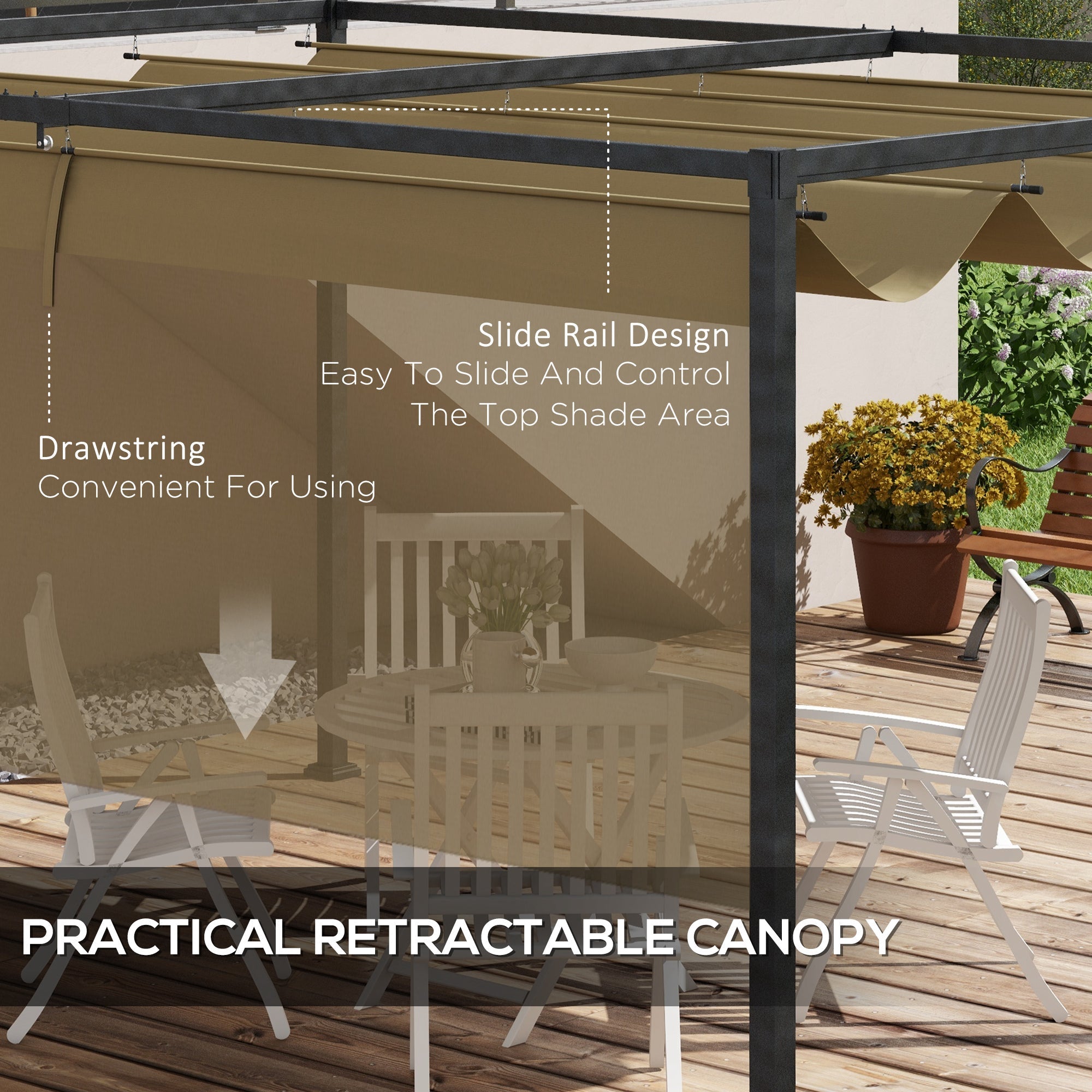 Outsunny 13' x 10' Patio Pergola with Retractable Canopy, Outdoor Sun Shelter, Yard Shade, Khaki 