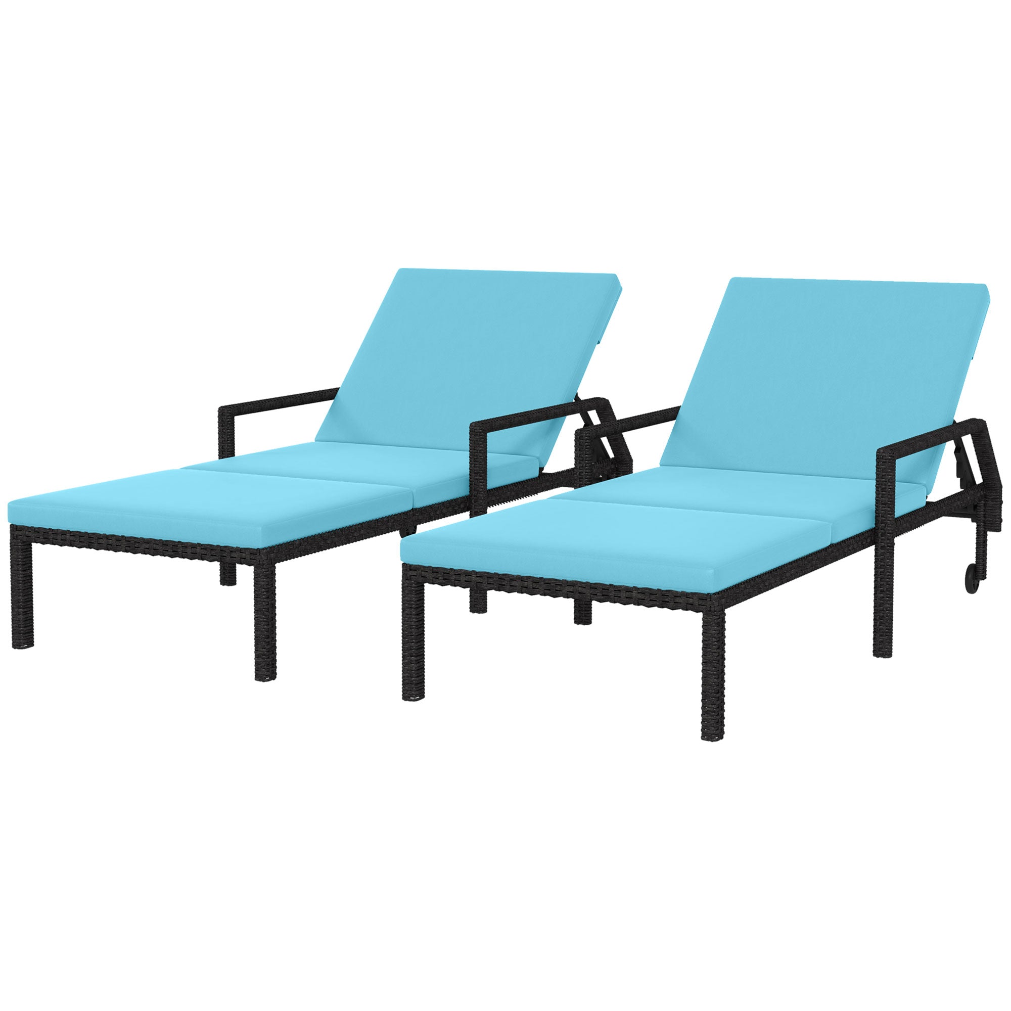 Outsunny 2 PCS PE Rattan Lounge Chairs Outdoor with Adjustable Backrest Wheels Steel Frame Recliner Sky Blue 