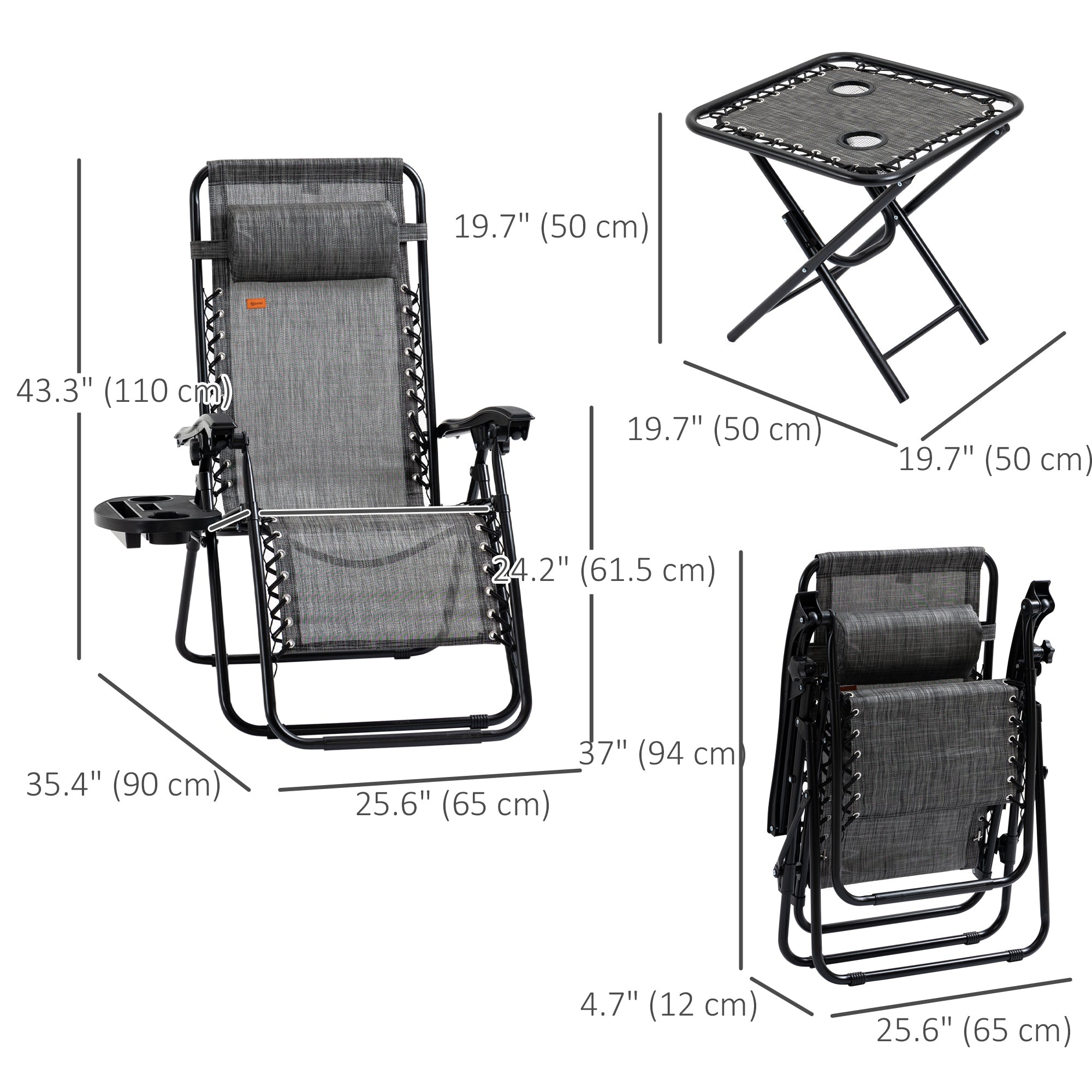 Outsunny Zero Gravity Chair Set of 2 Patio Chair with Side Table Cupholders and Pillows for Pool, Backyard, Lawn, Beach, Grey 