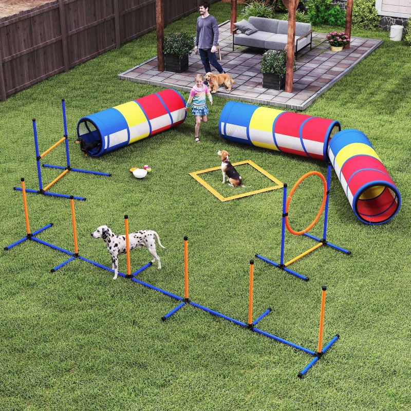Dog Agility Training Equipment, 11-Piece Dog Obstacle Course with Adjustable Hurdle & Ring, 3 Tunnels, Weave Poles