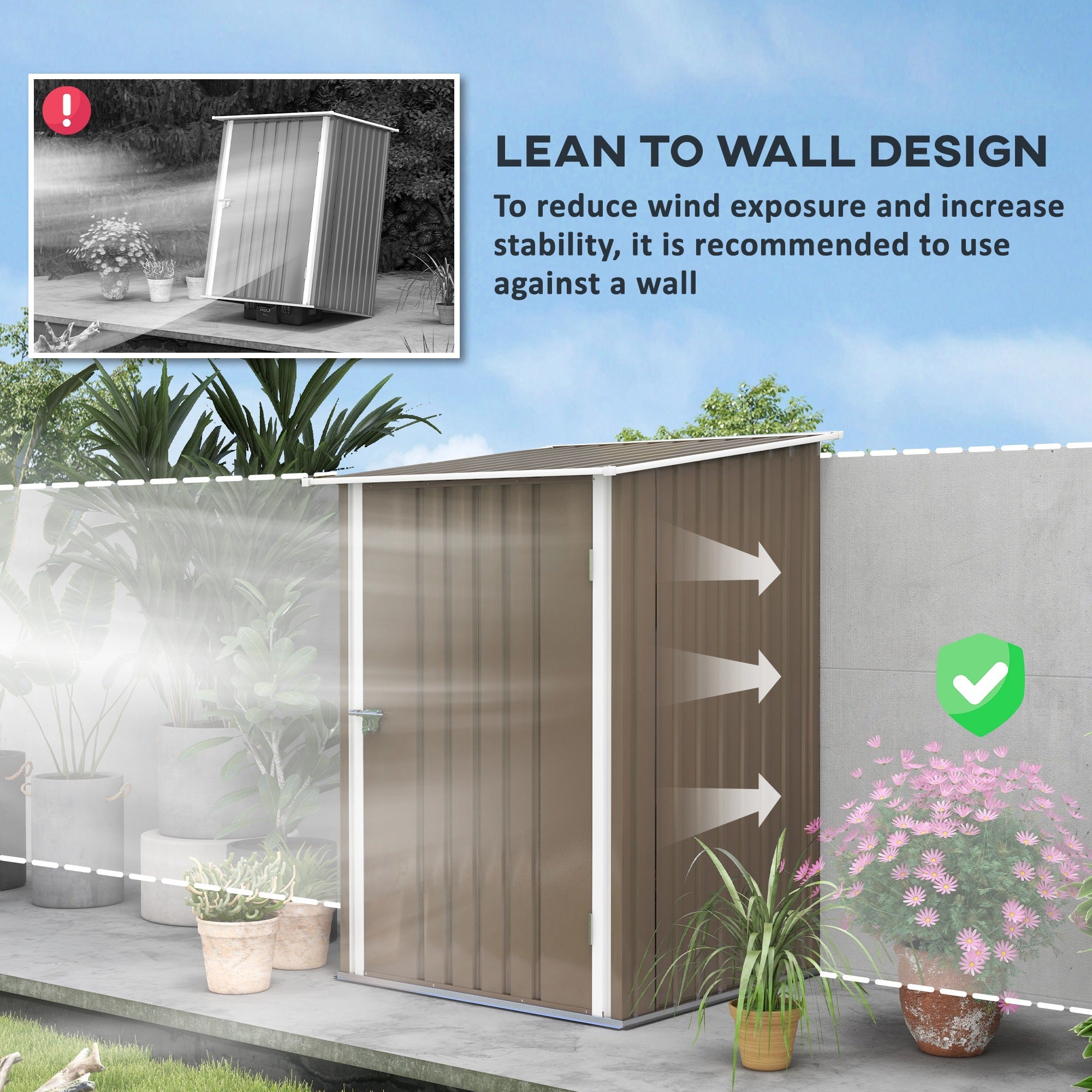 Outsunny 3.3' x 3.4' Lean-to Outdoor Garden Storage Shed, Galvanized Steel with Lockable Door for Patio Brown and White 