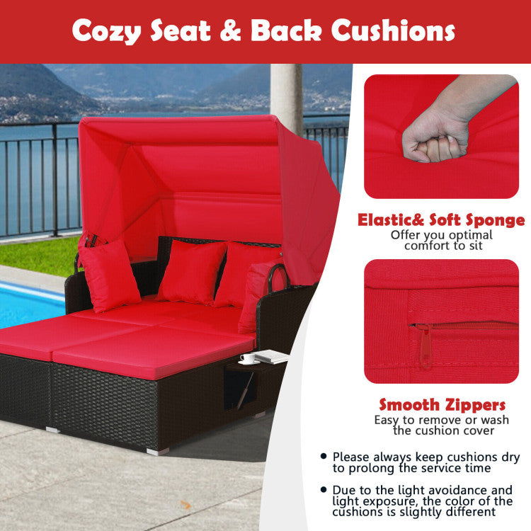 Patio Rattan Daybed with Retractable Canopy & Fold-Out Side Tables