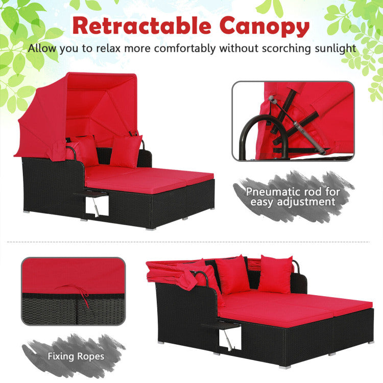 Patio Rattan Daybed with Retractable Canopy & Fold-Out Side Tables