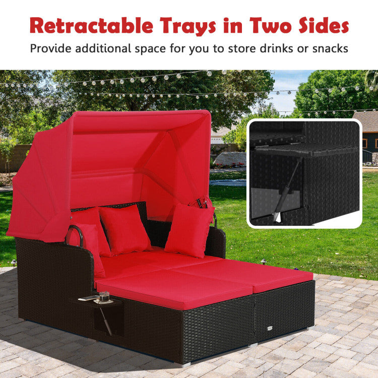 Patio Rattan Daybed with Retractable Canopy & Fold-Out Side Tables