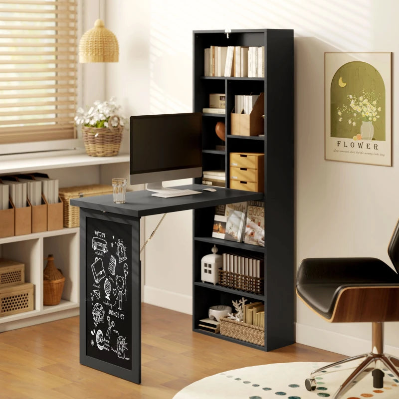 Fold-out Convertible Office Desk, Wall Mount Computer Desk with Blackboard and Side Shelf, Black