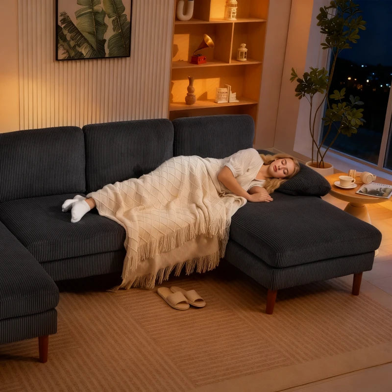 U Shape Couch with Double Chaise Lounge, Modern 4 Seater Sofa with Wooden Legs, Fabric Sofa for Living Room, Dark Grey
