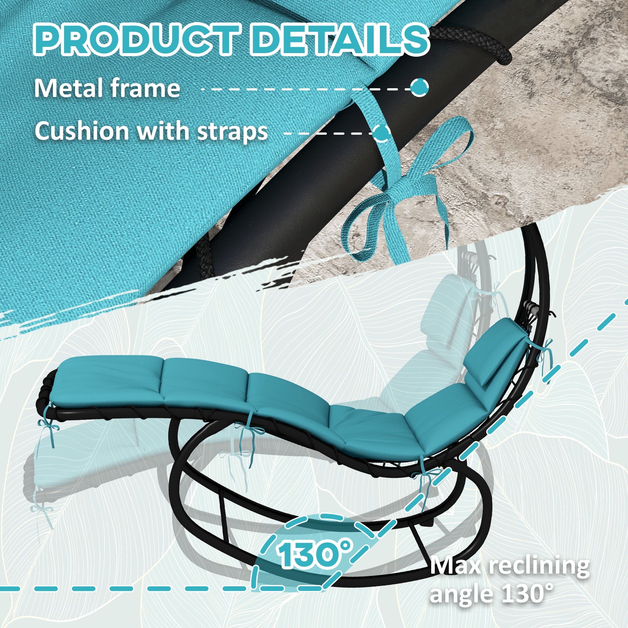Outsunny Tanning Chair with Sunshade Roof, Rocking Base, Cushion, Headrest, Turquoise 