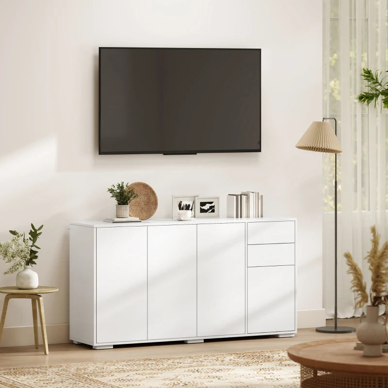 Kitchen Sideboard Storage Cabinet, Modern Coffee Bar Cabinet with Push-Open Design and 2 Drawers, Adjustable Shelving for Living Room, White