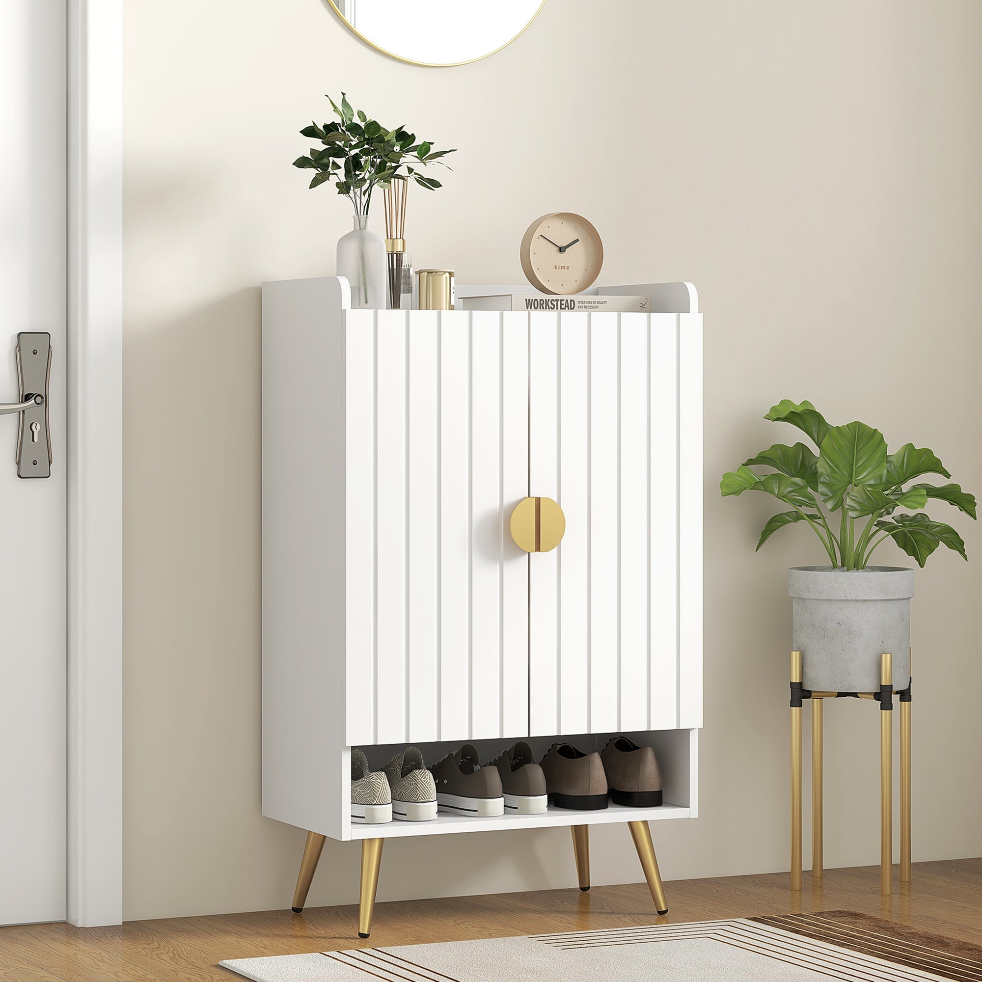 HOMCOM Entryway Narrow Shoe Storage Cabinet with Adjustable Shelves Open Shelf for 15 Pairs White 