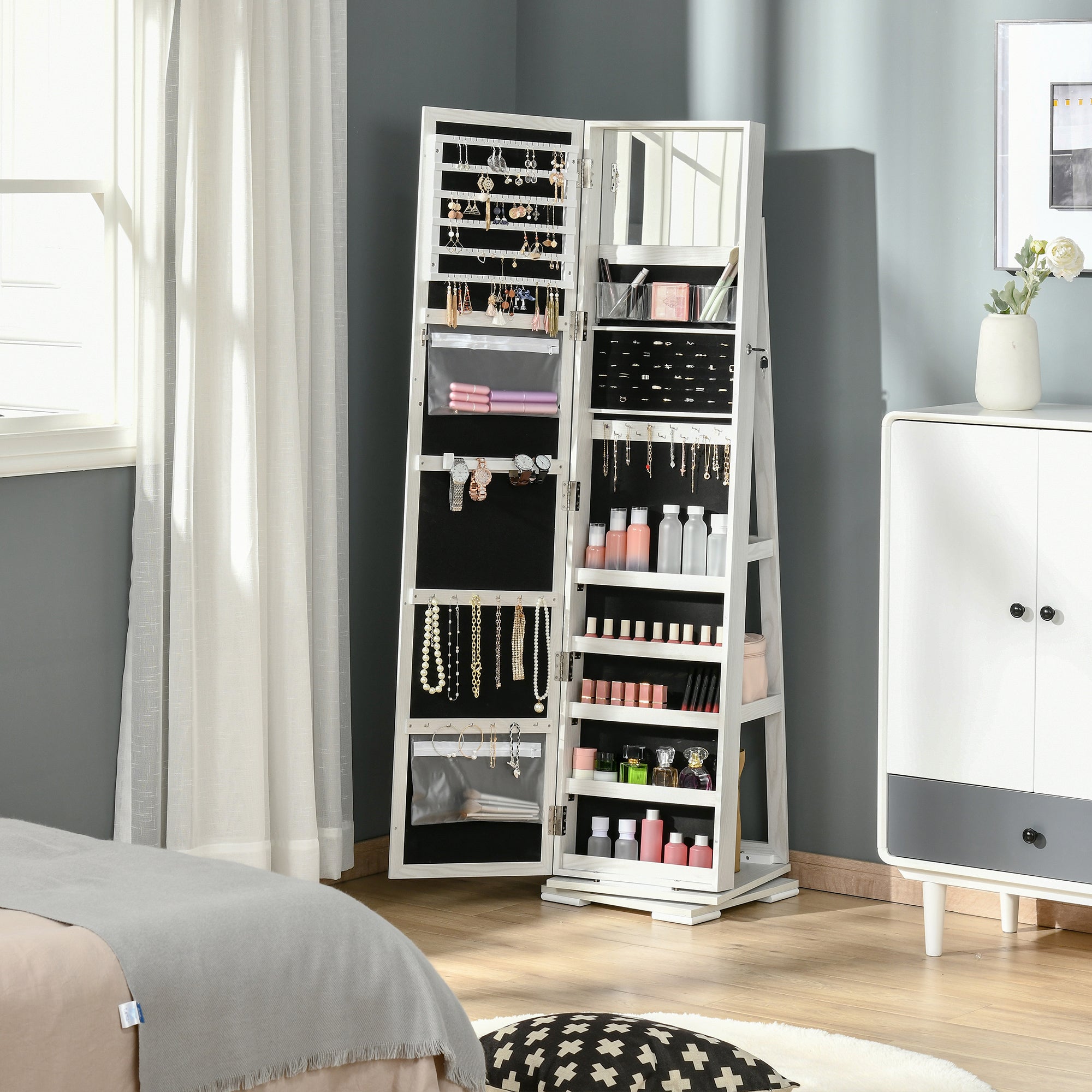 HOMCOM 360 Swivel Jewelry Cabinet with Full Length Mirror Lockable Organizer White 