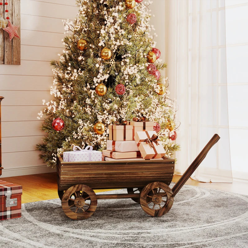 Wooden Wagon Planter Box, Mobile Garden Planter with 4 Wheels, Small Wheelbarrow Wagon Flower Cart with Drainage Holes