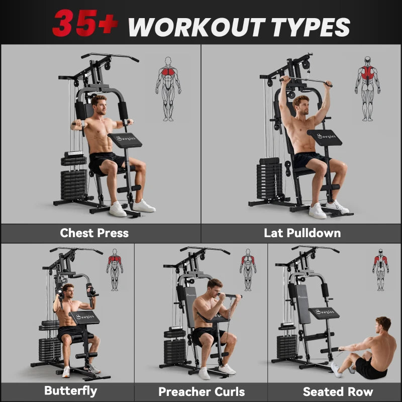 Soozier Home Gym Equipment Weight Training Machine, Multifunction Workout Machine with 143lbs Weight Stack for Full Body Workout and Strength Training, Black