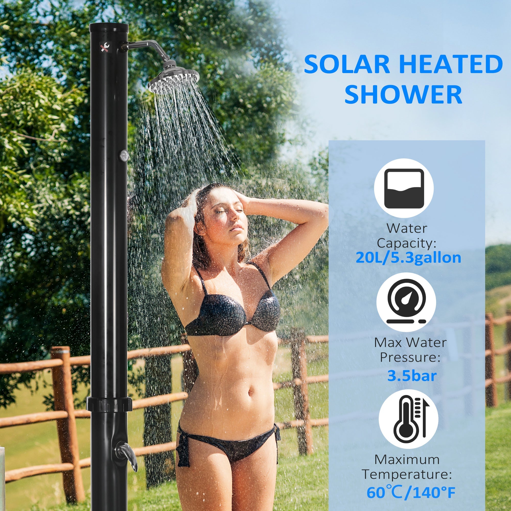 Outsunny 5.3 Gallons Solar Shower with Rotating Rainfall, Temperature Adjustment, 2 Section Outdoor Shower for Backyard, Black 