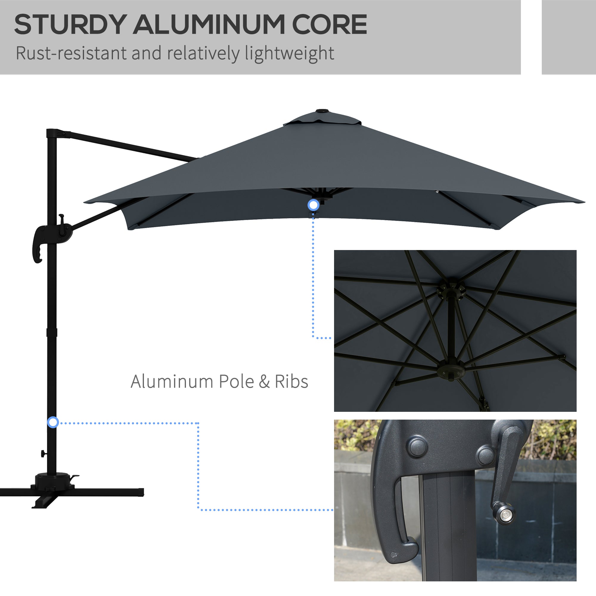 Outsunny 10x10ft Cantilever Umbrella Square Market Parasol Adjustable Outdoor Patio Shade Dark Grey Rotatable 