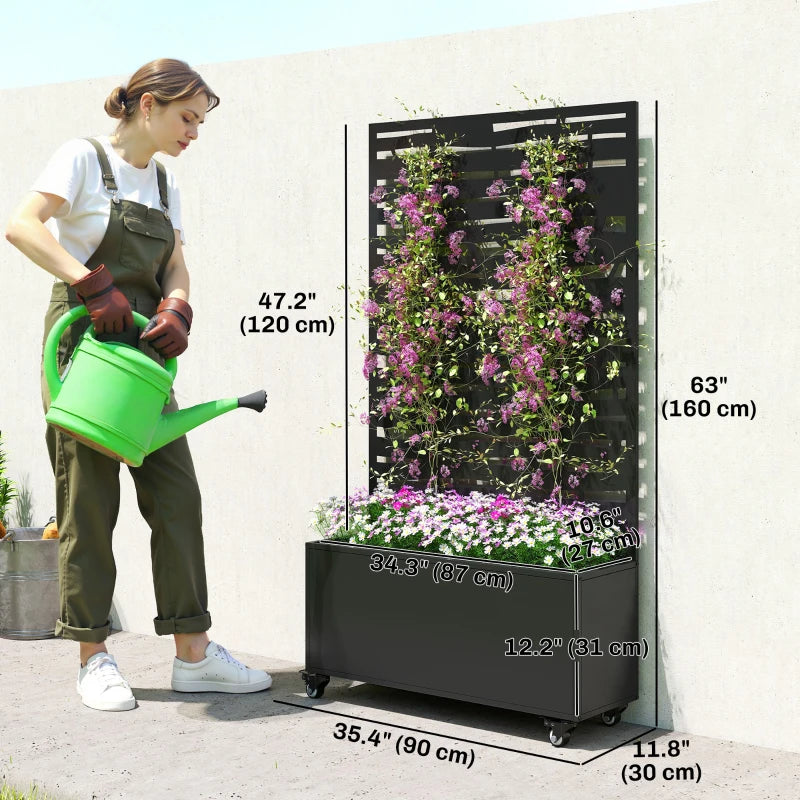 Metal Planter Box with Trellis, Raised Garden Bed with Twigs Slatted Cut-Out Privacy Screen and Wheels