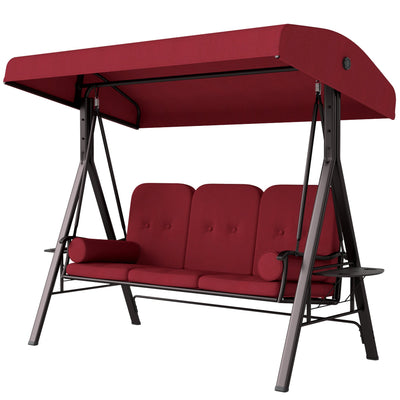 Outsunny Outdoor Patio 3-Person Steel Canopy Cushioned Seat Bench Swing with Included Side Trays & Padded Comfort, Wine Red 