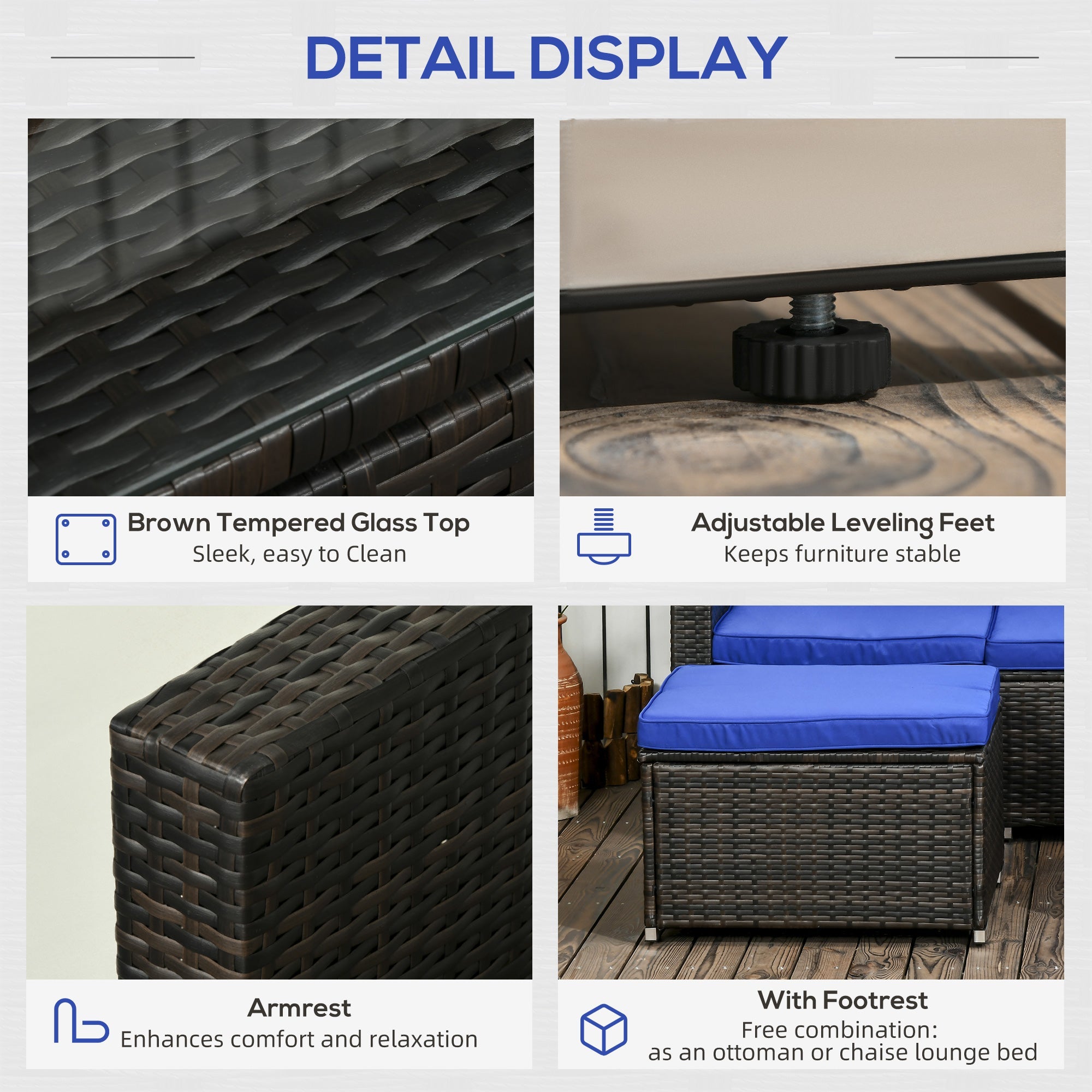 Outsunny 3 Pieces PE Rattan Patio Furniture, Wicker Conversation Corner Sofa Sets w/ Padded Cushions, Glass Top Table & Adjustable Foot 