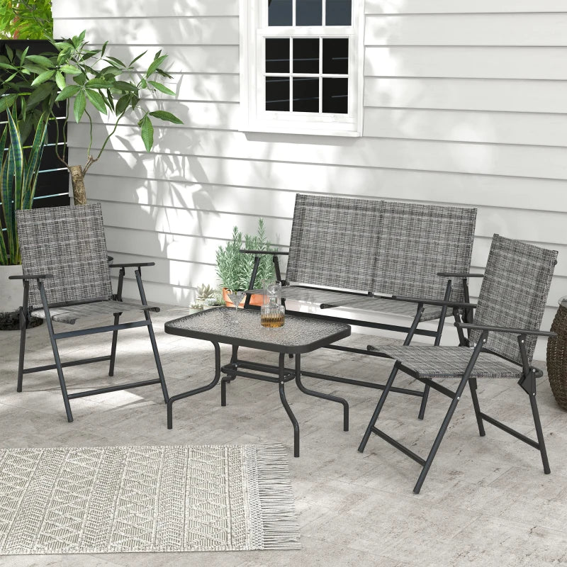 Outdoor 4 Pieces Patio Furniture Set, Garden Set with Two Foldable Armchairs, a Loveseat & Glass Top Table, Mixed Grey