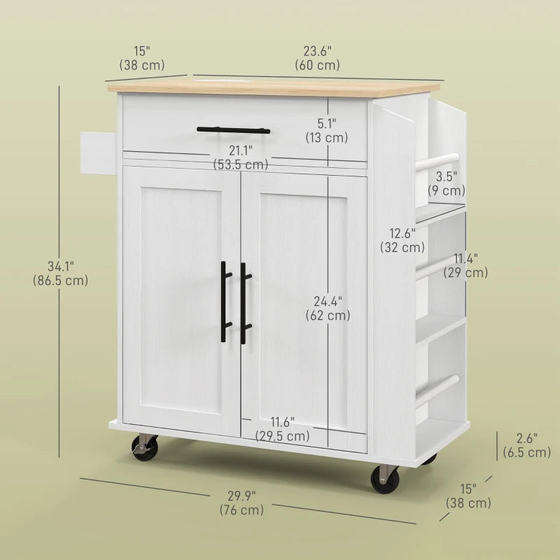 Rolling Island with Wheels for Kitchen, Kitchen Island on Rollers with Power Outlets, Drawer and Doors