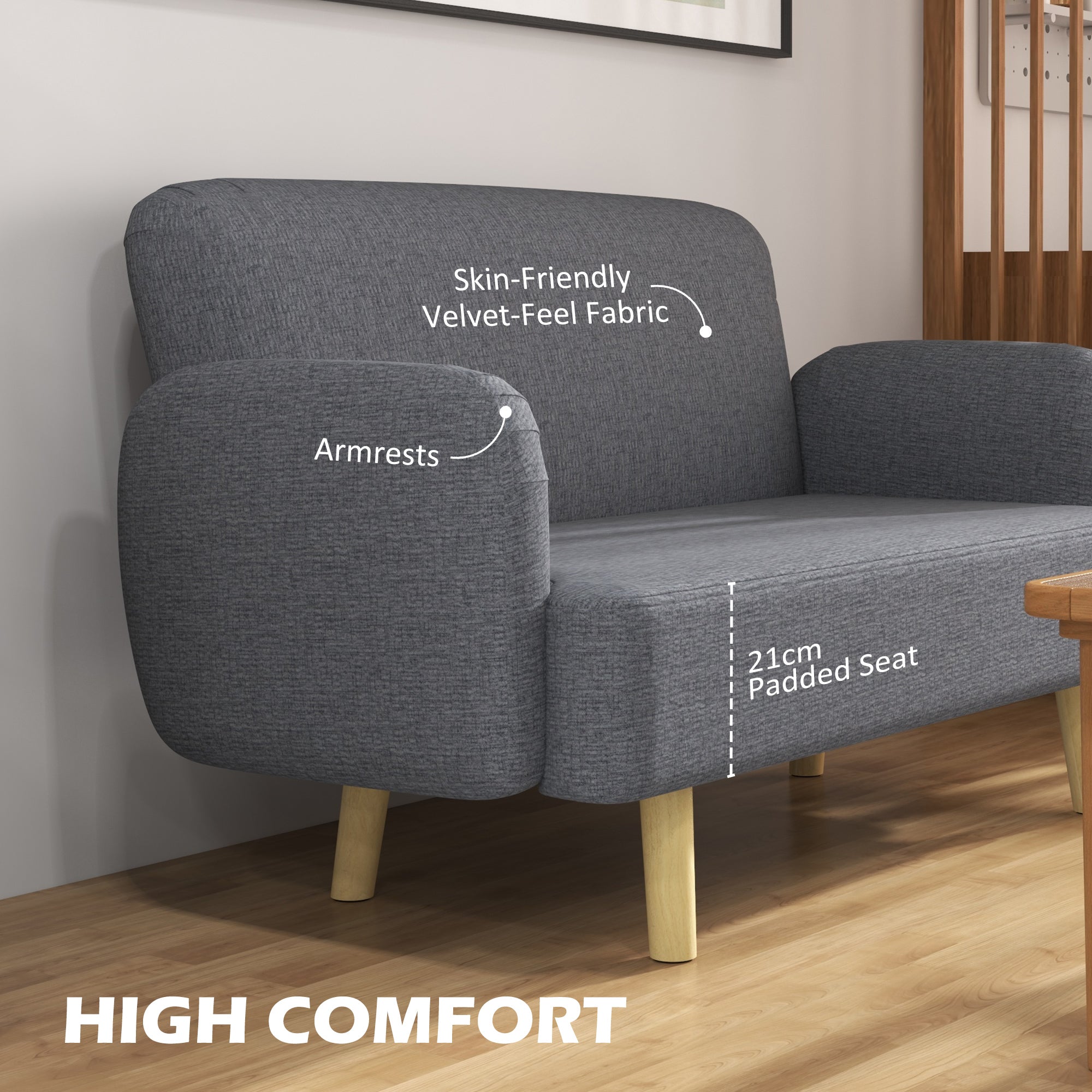 HOMCOM Velvet Feel Fabric 2 Seater Sofa, Small Sofa Loveseat with 8.3" Thick Padding and Wood Legs, Grey 