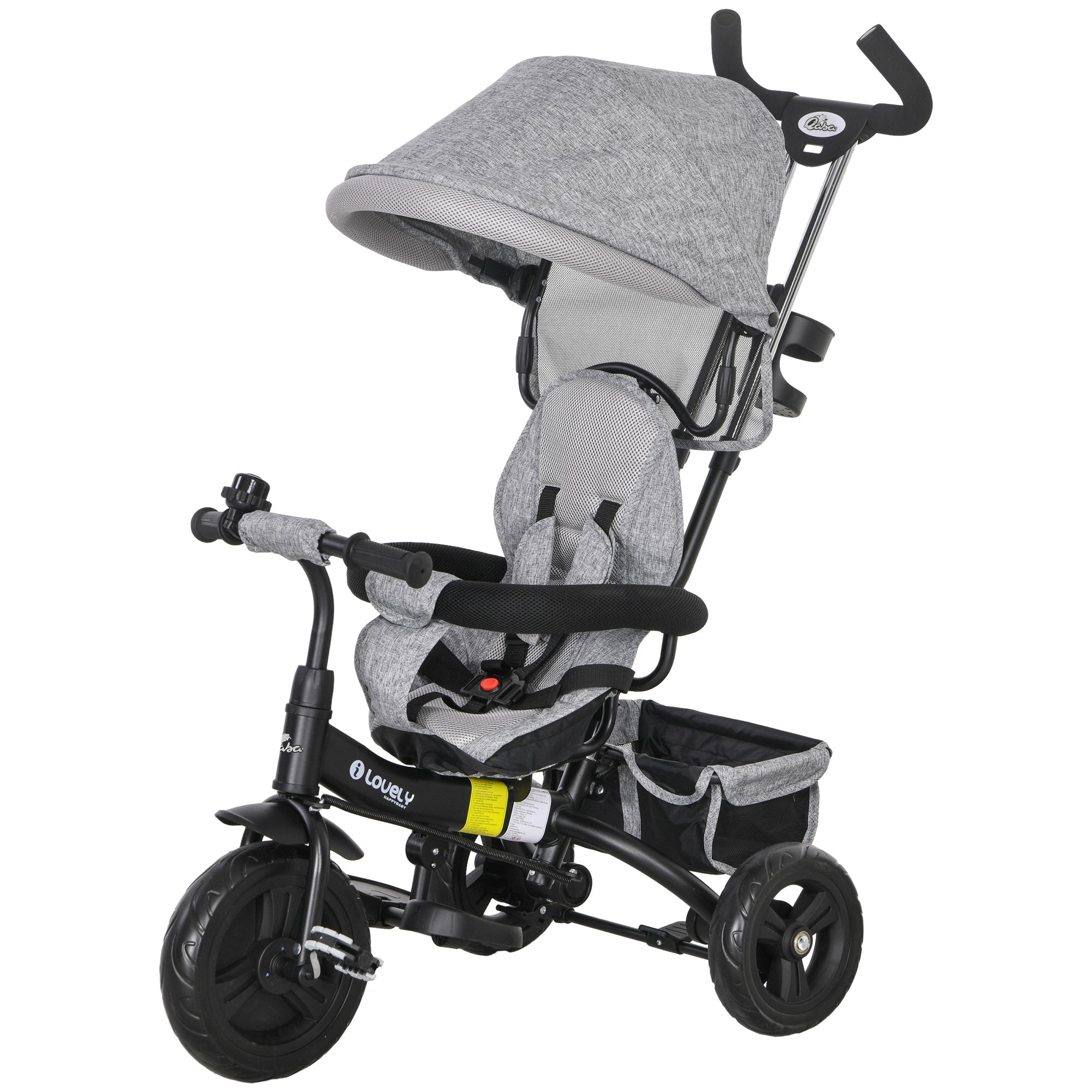 Qaba 4-in-1 Convertible Toddler Tricycle Stroller with Canopy Basket Safety Harness for Kids 12-60 Months Grey 