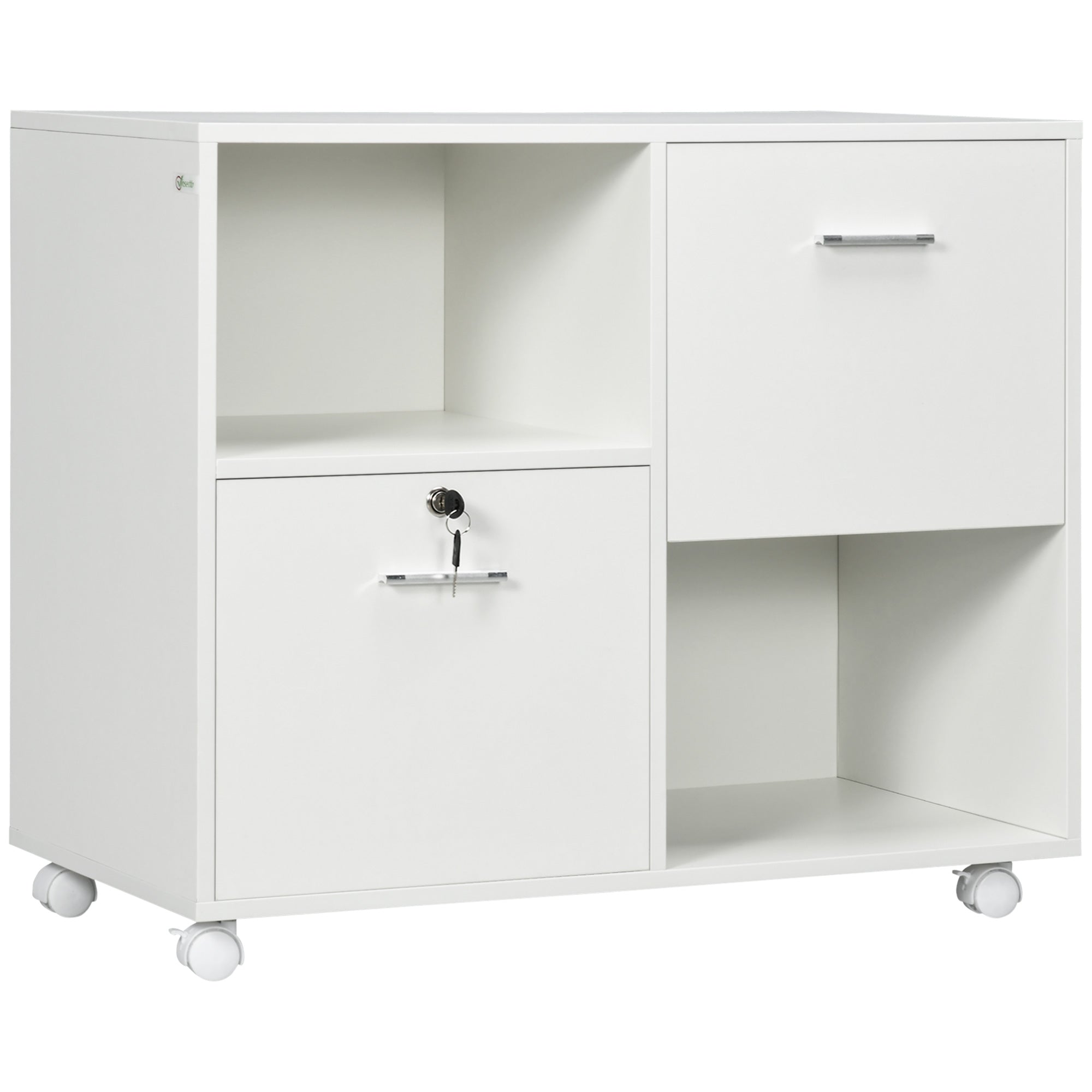 Vinsetto Lateral File Cabinet: Drawers, Lock, Open Shelves, Wheels for A4/Letter Size, White 