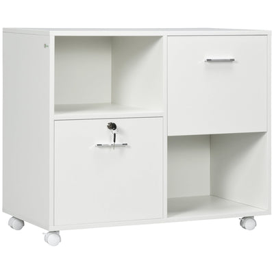 Vinsetto Lateral File Cabinet: Drawers, Lock, Open Shelves, Wheels for A4/Letter Size, White 
