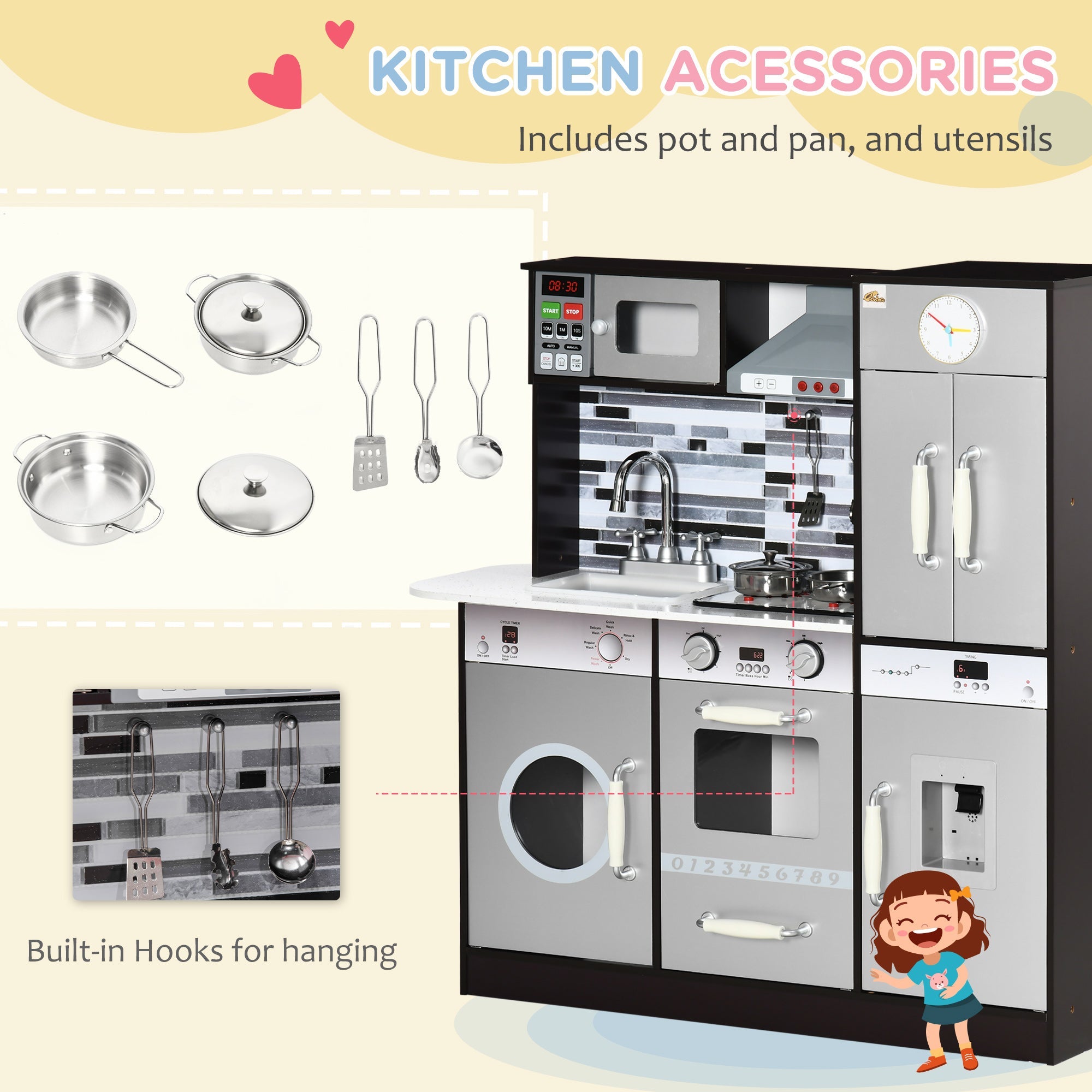 Qaba Wooden Play Kitchen with Lights Sounds, Kids Kitchen Playset with Washing Machine, Water Dispenser, Microwave, Range Hood 