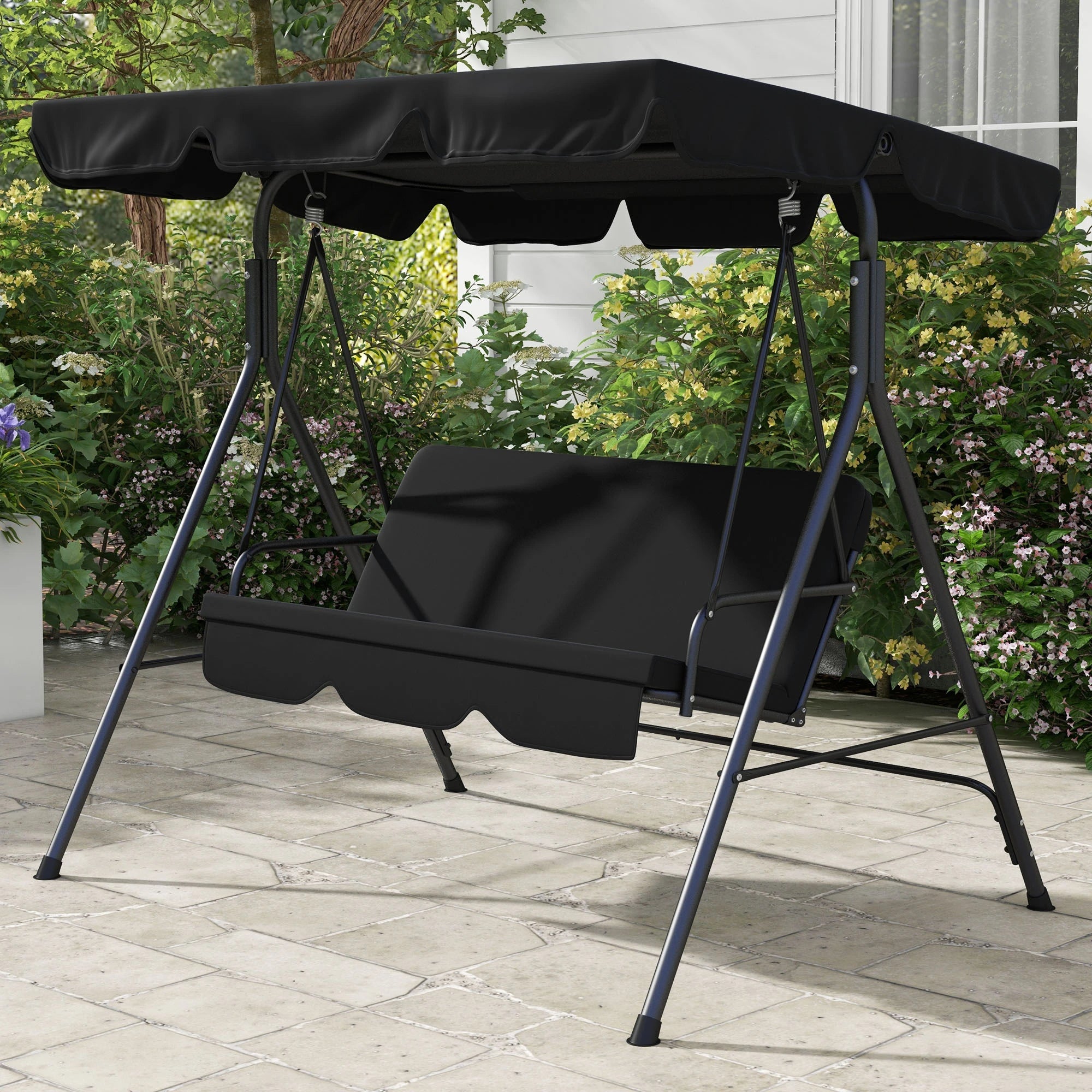 Outsunny 3-Seater Outdoor Porch Swing with Adjustable Canopy, Patio Swing Chair for Garden, Poolside, Backyard, Black 